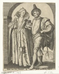 Mann und Frau, gekleidet nach der Mode von 1590-1600