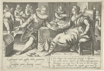 Verschwendung in der Ehe (Elegantes Paar an einem Tisch in einem Raum)