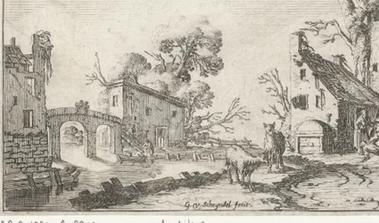 Bauernhof und Turm an einem Fluss (das Gehör)