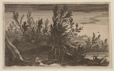 Reiter auf einem bewaldeten Pfad links vom Teich, aus Sechs Landschaften