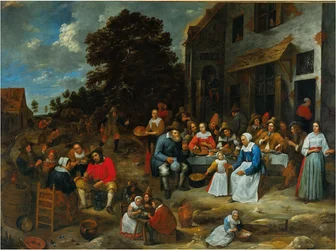Eine Gesellschaft, die vor einer Taverne feiert