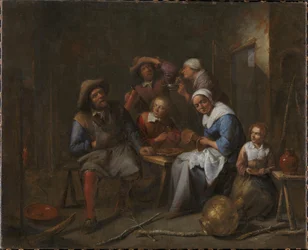 Ein Innenraum mit Handwerkern und Bauern beim Essen und Trinken