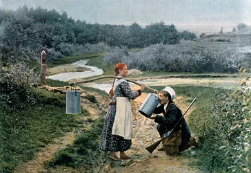 Ein Jäger trinkt von einer jungen Frau, Russland, um 1890