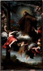Darstellung von Saint Louis von Anjou, der das Kreuz verehrt