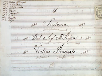 Detail der ersten Seite der Violinenpartitur für eine Symphonie von Gioacchino Rossini