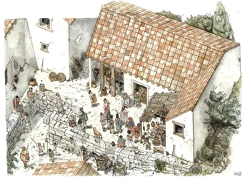 Antikes Griechenland: Rekonstruktion der Werkstatt eines Schusters in Athen im 5. Jahrhundert v. Chr.: Der Philosoph Sokrates ist dort im Gespräch mit seinen Mitbürgern dargestellt. Illustration von Giorgio Albertini.