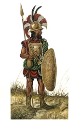 Antikes Rom: Darstellung eines Kriegers mit Waffe, Helm, Schild, Speer (monarchische Periode des 8. Jahrhunderts v. Chr.)
