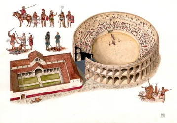 Antikes Rom: Rekonstruktion des Amphitheaters der Stadt Amiternum bei Aquila in Abruzzen, Italien. 1. - 2. Jahrhundert n. Chr. Oben links verschiedene Gladiatorenkostüme und Kampfszenen in der Arena. Illustration von Gior