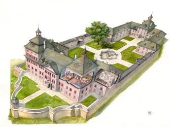 Barockarchitektur: Rekonstruktion des Schlosses Wolfsthurn, Mareta, Bozen, Italien. Illustration von Giorgio Albertini.
