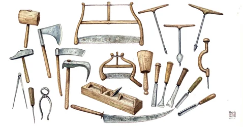 Tafel, die die vom Zimmermann verwendeten Werkzeuge beschreibt: Axt, Zirkel, Hammer, Zange, Sägen, Bohrer