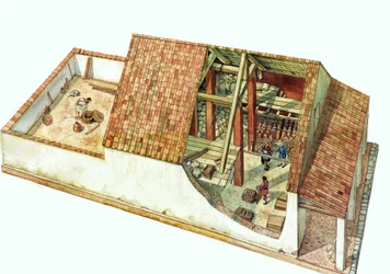 Byzantinische Architektur: Rekonstruktion eines Lagerhauses im Classe-Docks-Bereich, Hafen der Stadt Ravenna (Ravenna) zur Zeit des Kaisers Justinian. Italien 7. Jahrhundert. Der Querschnitt des Gebäudes zeigt die gelagerten Waren.