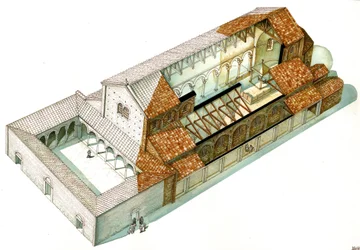 Byzantinische Kunst: Rekonstruktion der Basilika von Cabianca, gegründet unter Kaiser Justinian I (482-565) in Ravenna (Ravenna). Italien