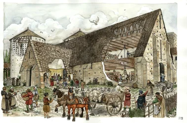 Lieferung von Lebensmitteln in die Scheune einer französischen Abtei im 14. Jahrhundert, Schnitt der Struktur der Abteigebäude, der die Aktivitäten und das Innere der Lagerhäuser zeigt