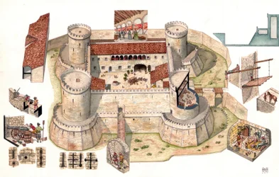 Detailansicht des aragonesischen Schlosses von Venosa, erbaut von Pirro del Balzo im Jahr 1470, nahe Potenza in Basilikata, Italien. Detailansichten zeigen Soldaten in Verteidigungsposition.