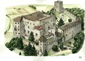 Mittelalterliche Architektur: Blick auf das Schloss von Pergine, mit Schnitten, die das Leben der Bewohner in den Räumen des Schlosses im 16. Jahrhundert zeigen. Pergine Valsugana, Trento, Italien Illustration von Giorgio Albertini