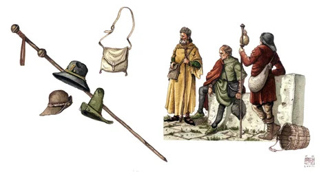 Mittelalterliche Mode: Pelerinenkostüm zwischen dem 12. und 14. Jahrhundert, Tasche, Hüte, Stock, Tuniken