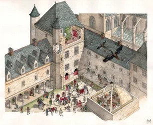 Mittelalter: Luftaufnahme des Palais des Herzöge von Burgund in Dijon im 15. Jahrhundert. Die Küchen des Palastes sind sichtbar, im Hof die Ritter mit ihren Pferden.