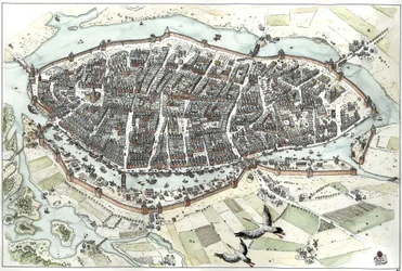 Mittelalter: Luftansicht der Stadt Lübeck in Deutschland mit Straßenkarte, die ihre geografische Lage auf einer Insel an der Mündung der Wakenitz und Trave zeigt. 15. Jahrhundert. Deutschland. Illustration von Giorgio Albertini.