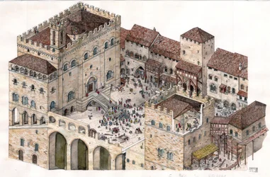 Mittelalter: Luftansicht des zentralen Platzes der Stadt Gubbio (Umbrien) in Italien im 14. Jahrhundert. Der Konsulspalast ist links sichtbar.