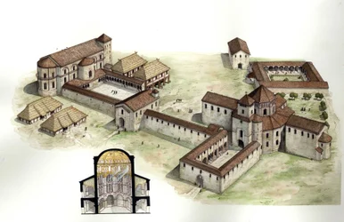 Mittelalter: Überblick und Querschnitt zur Rekonstruktion des Palastes von Karl dem Großen (ca. 742-814), realisiert von dem Architekten Eudes de Metz um 794 in Aachen. Illustration von Giorgio Albertini.