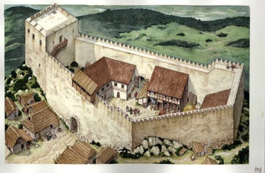 Mittelalter: Rekonstruktion der Katharerburg Montségur, abgeschlossen im 13. Jahrhundert, Ariège, Frankreich.