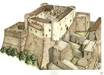 Mittelalter: Rekonstruktion der Burg Santa Severina, erbaut im 11. Jahrhundert, in Catanzaro, Kalabrien. Illustration von Giorgio Albertini.
