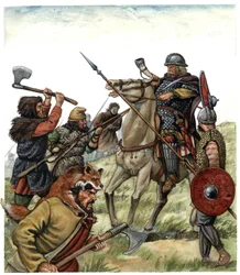 Mittelalter: Szene aus der Schlacht von Roncesvalles (spanisches Baskenland), ein fränkischer Reiter aus dem Heer Karls des Großen stellt sich 778 den Mauren entgegen. 8. Jahrhundert. Illustration von Giorgio Albertini.