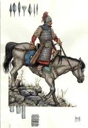 Mittelalter: Soldat der ungarischen schweren Kavallerie. 9. Jahrhundert