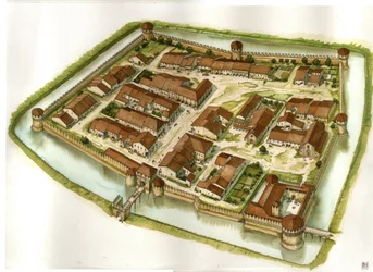 Mittelalter: Ansicht der befestigten Stadt Bagnara di Romagna am Ende des 15. Jahrhunderts. Italien