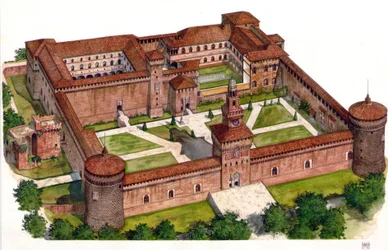 Überblick über das Schloss der Sforza-Festung, erbaut von Herzog Francesco Sforza im 15. Jahrhundert in Mailand, Italien