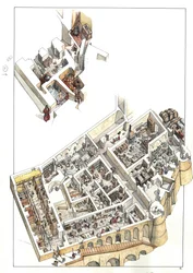 Rekonstruktion mit Schnittansicht der unterirdischen Bereiche, in denen sich das Dienstgeschoss (Wohnhäuser, Bäder, Küche, Ställe) im Herzogspalast der Stadt Urbino in Italien befindet. Erbaut von Herzog Federico da Montefeltro