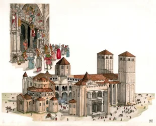 Romanische Kunst: Überblick über die Kathedrale von Santiago de Compostela, erbaut im 11. und 12. Jahrhundert, in Santiago de Compostela, Spanien.