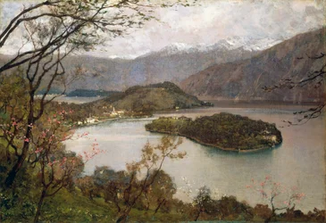 Ansicht der Insel Comacina, Comer See, von Giorgio Belloni (1861-1944), Öl auf Leinwand, 69,5x100 cm