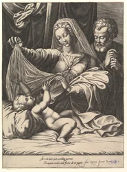 Madonna von Loreto, die Jungfrau hebt einen Schleier über das Kind, das auf einem Bett und Kissen liegt, 1575
