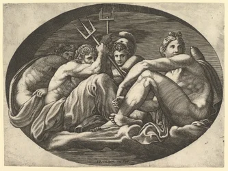 Pluto, Neptun, Minerva und Apollo, aus einer Serie von acht Kompositionen nach Francesco P..., 1560er Jahre