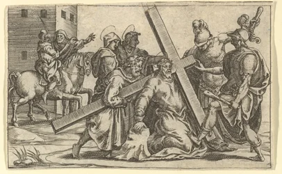 Die Jungfrau der Schmerzen: Christus trägt das Kreuz, eines von neun umliegenden Fächern..., vor 1575