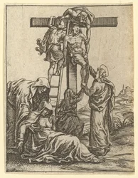 Die Jungfrau der Schmerzen: Die Kreuzabnahme, eines von neun umliegenden Feldern, vor 1575