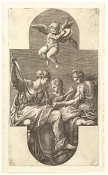 Drei Musen und ein Putto mit Zimbeln, eine kreuzförmige Komposition, aus einer Serie von acht..., 1560er