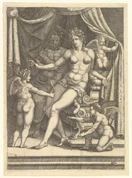 Venus und Vulkan auf einem Bett sitzend und drei Putti