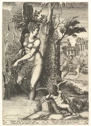 Venus von den Dornen eines Rosenstrauchs gestochen, im Hintergrund Mars, der Adonis jagt, 1556