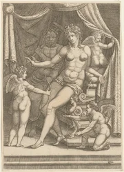 Venus und Vulkan auf einem Bett sitzend