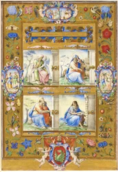 Die vier Evangelisten, innerhalb eines Rahmens aus Blumen, Vögeln und Insekten