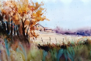 Herbstlicher Bauernhof am Hang