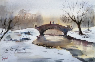 Neblige Winterbrücke