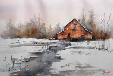 Rustikale Winter-Scheune Bach