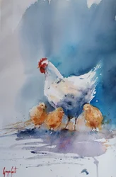 Weiße Henne und Küken
