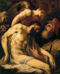 Toter Christus, unterstützt von einem Engel und von Joseph von Arimathäa