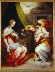 Verkündigung. Mitteltafel eines Triptychons. Gemalt für den Hauptaltar von Santa Maria Novella in Arezzo