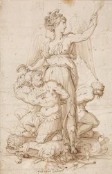 Geflügelte Viktoria mit Palmzweig und drei auf Trophäen knienden Gefangenen