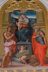 Madonna und Kind zwischen Johannes dem Täufer und Hieronymus, Gemälde von Giorgio Vasari, Kirche im Kloster Camaldoli, Camaldoli, Toskana, Italien